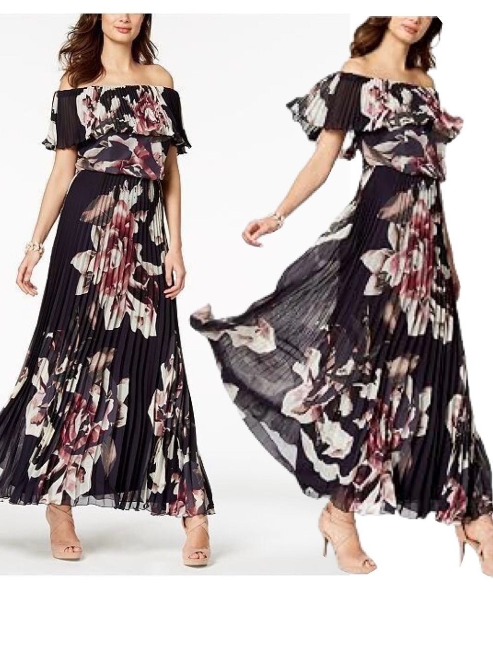 Xscape Size 8 Navy Floral Pleated Off-Shoulder Maxi Dress